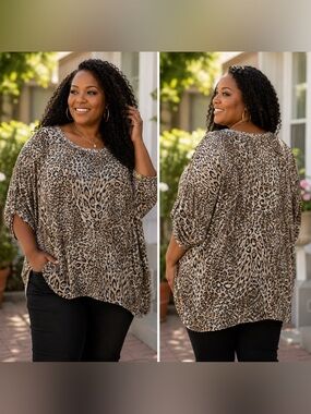 🆕 Leopard Print Stretch Oversized Plus Size Top Boutique Dolman Sleeve XL 2X 3X